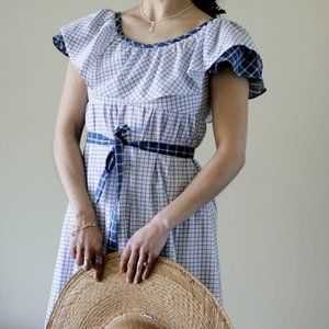 Vintage 70s Blue Check Maxi Prairie Dress/XS/S